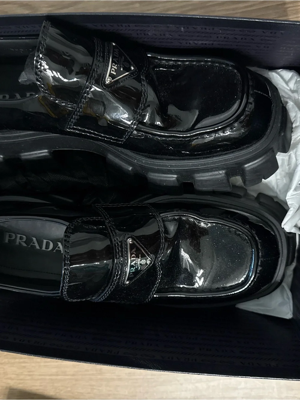 Prada Black Patent Leather Lug Sole Slip-On Loafers